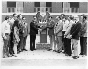 President Gregory Adamian at presentation of Class of 1971 gift - bronze falcon statue.