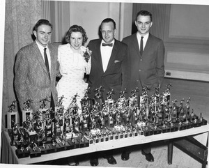 Members of Bentley bowling team at awards ceremony ca 1950's