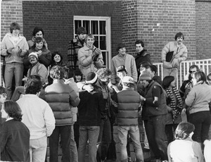 Students in winter clothing gather on campus during Blizzard of '78
