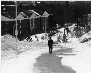 Person walks down College Road after Blizzard of '78