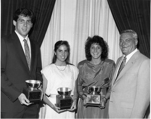 Brian Walmsley, Teresa Kittredge, and Lisa Monteleone receive 1987-1988 Outstanding Senior Athlete Awards with Coach Al Shields