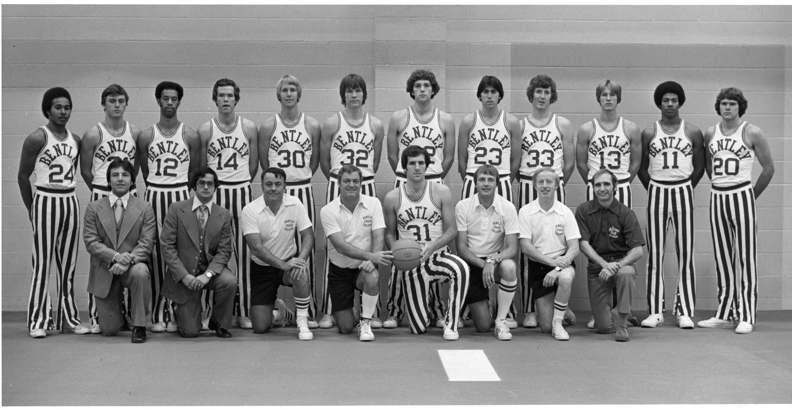 Close-up portrait of Bentley College basketball team ca. 1980's