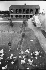 Students having class outside in lower courtyard, near Jennison Hall.