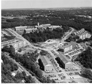 Aerial view of campus with Collins Hall under construction