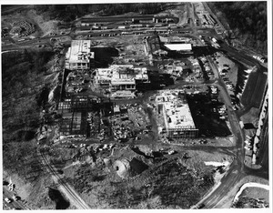 Aerial view of original Waltham campus under construction