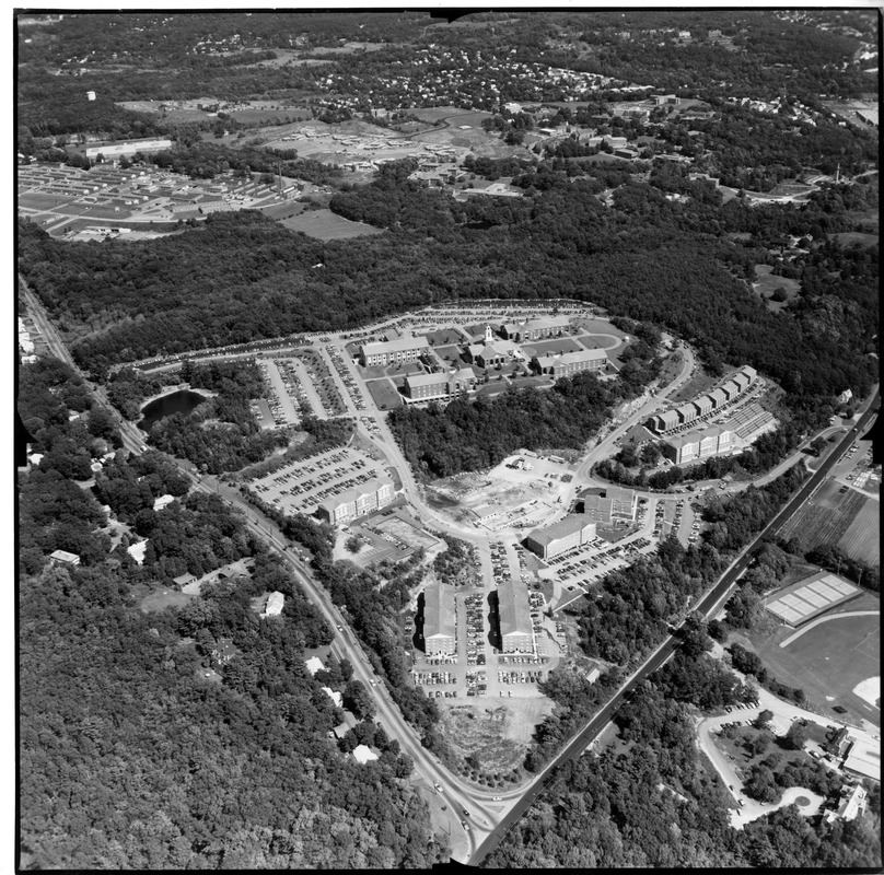 Aerial view of campus with Collins Hall under construction