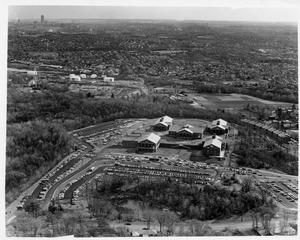 Aerial view of campus with Boston in the distance