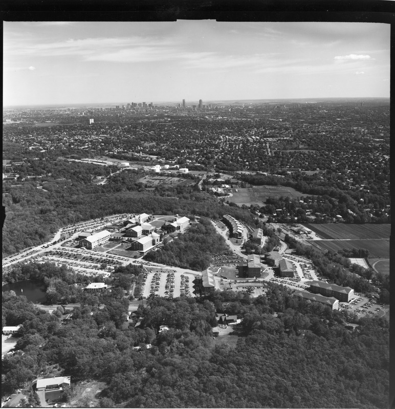 Aerial view of campus with Boston in the distance