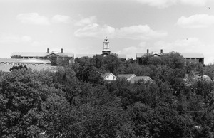 Aerial view of campus including Library clocktower