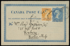 Postcard from Philip Pearsall Carpenter, Montreal, [Canada], to William Lloyd Garrison, Ap[ril] 12, [1874]