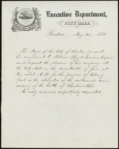 Invitation from Samuel Crocker Cobb, Mayor's Office, Executive Department, City Hall, Boston, [Mass.], to William Lloyd Garrison, May 25, 1875