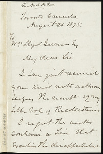 Letter from Alexander Milton Ross, Toronto, Canada, to William Lloyd Garrison, August 21, 1875