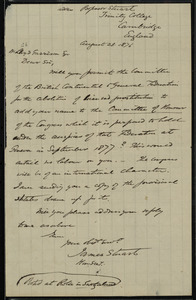 Letter from James Stuart, Trinity College, Cambridge, England, to William Lloyd Garrison, August 23, 1876