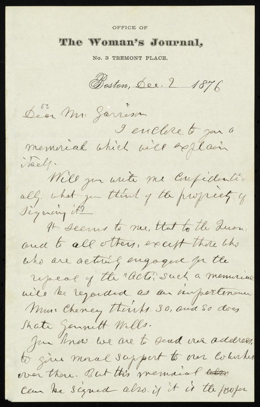 Letter from Lucy Stone, Office of The Woman's Journal, No. 3 Tremont ...