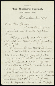 Letter from Lucy Stone, Office of The Woman's Journal, No. 3 Tremont Place, Boston, [Mass.], to William Lloyd Garrison, Dec. 2, 1876