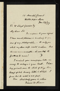 Letter from Francis William Newman, 15 Arundel Crescent, Weston Super Mare, to William Lloyd Garrison, Jan. 29 / [18]77