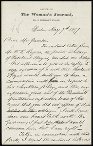 Letter from Henry Browne Blackwell, Office of the Woman's Journal, No. 3 Tremont Place, Boston, [Mass.], to William Lloyd Garrison, May 7th, 1877