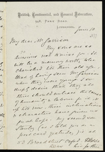 Letter from Josephine Elizabeth Grey Butler, British, Continental, and General Federation, 348 Park Road, Liverpool, [England], to William Lloyd Garrison, June 10, [1877]