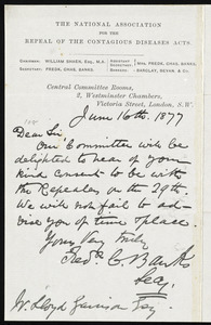 Letter from Frederick Charles Banks, National Association for the Repeal of the Contagious Diseases Acts, 2 Westminster Chambers, Victoria Street, London, S.W., [England], to William Lloyd Garrison, June 16th, 1877