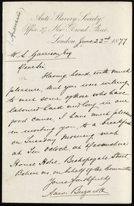 Letter from Aaron Buzacott, Anti-Slavery Society, Office 27, New Broad Street, London, [England], to William Lloyd Garrison, June 22nd, 1877