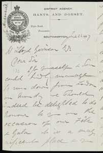 Letter from T. W. Glover, United Kingdom Alliance for the Total Suppression of the Liquor Traffic, District Agency, Hants and Dorset, Elgin Road, Freemantle, Southampton, to William Lloyd Garrison, June 22, 1877