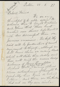 Letter from Eliza Wigham, Dublin, [Ireland], to William Lloyd Garrison, 22 . 6 . [18]77