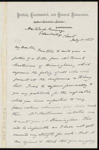 Letter from Josephine Elizabeth Grey Butler, British, Continental, and General Federation, Markbeech Parsonage, Edenbridge, Kent, [England], to William Lloyd Garrison, July 3, 1877