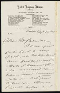 Letter from Thomas Holliday Barker, United Kingdom Alliance, 44 John Dalton Street, Manchester, [England], to William Lloyd Garrison, Aug[us]t 24, 1877