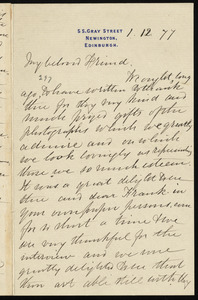 Letter from Eliza Wigham, 5 S. Gray Street, Newington, Edinburgh, [Scotland], to William Lloyd Garrison, 1 - 12 - [18]77