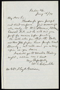 Letter from William Eaton Chandler, Parker Ho[use], [Boston, Mass.], to William Lloyd Garrison, Jan'y 16 / [18]78