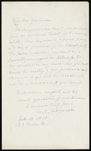 Letter from M. E. Fakryensh, 139 Cedar St[reet], to William Lloyd Garrison, Feb. 19, 1878