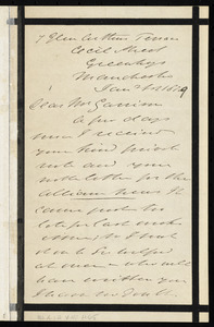 Letter from Thomas Holliday Barker, 7 Glen Cutters(?) Terrace, Cecil Street, Greenheys, Manchester, [England], to William Lloyd Garrison, Jan 1st, 1879