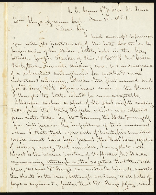 Letter from Thomas Curtis, N.E. Corner 9th & Arch St[reet], Phila, Pa ...