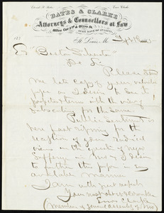 Letter from Enos Clarke, Bates & Clarke, Attorneys & Counsellors at Law, Office Cor[ner] 3rd & Olive St., Over Bank of St. Louis, Mo, to William Lloyd Garrison, Sept. 16, 1865
