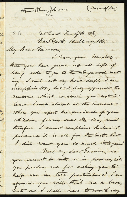 Incomplete letter from Oliver Johnson, 128 East Twelfth St[reet], New ...