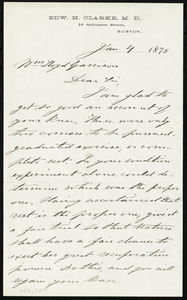 Letter from Edward Hammond Clarke, 18 Arlington, Street, Boston, to William Lloyd Garrison, Jan. 4, 1875