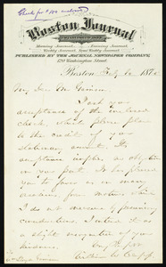 Letter from William Warland Clapp, Boston Journal, 120 Washington Street, Boston, [Mass.], to William Lloyd Garrison, Feb. 10, 1875