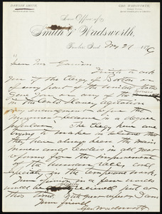 Letter from George Wadsworth, Law Office of Smith & Wadsworth, Fowler, Ind, to William Lloyd Garrison, May 21, 1876