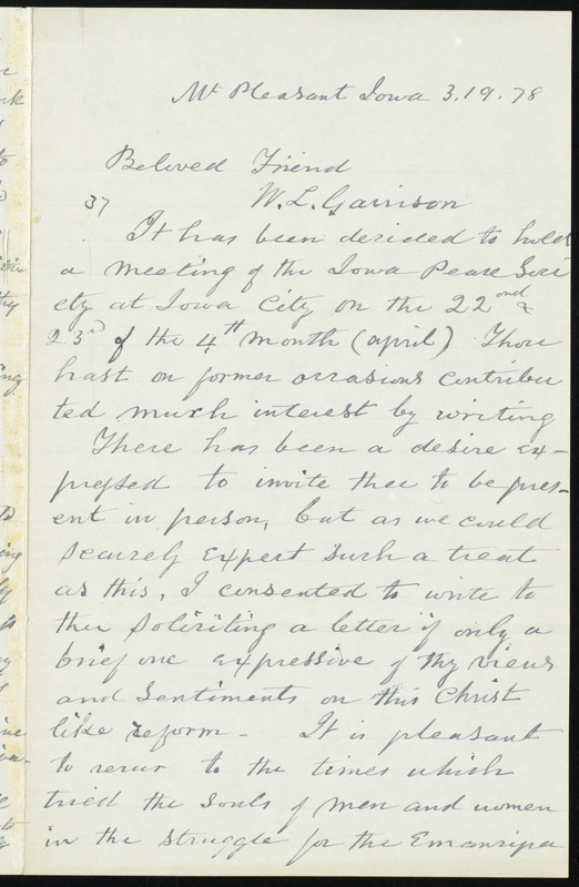 Letter from Ruth Dugdale, Mt. Pleasant, Iowa, to William Lloyd Garrison ...