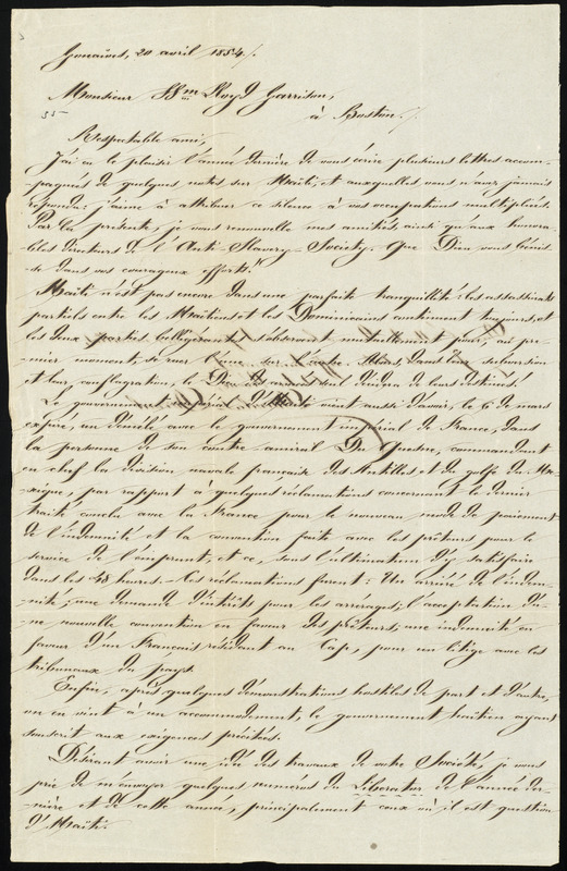 Letter from T. F. Dorvelas Dorval, to William Lloyd Garrison, 20 avril ...