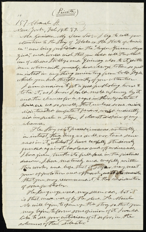 Letter from Martin Robison Delany, 157 Church St., New York, to William Lloyd Garrison, Feb. 19th, [18]59