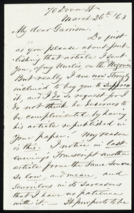 Letter from John Turner Sargent, 70 Dover St[reet], to William Lloyd Garrison, March 26th, [18]63