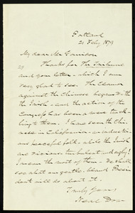 Letter from Neal Dow, Portland, [Maine], to William Lloyd Garrison, 21 Feb'y 1879