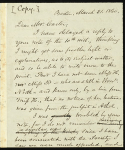Copy of letter from Samuel May, Boston, to Henry Wadsworth Carter, March 31, 1860