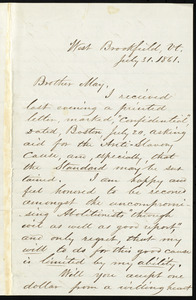 Letter from Jehiel Claflin, West Brookfield, Vermont, to Samuel May, July 31, 1861