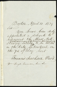 Letter from Francis Jackson, Boston, to Samuel May, April 10, 1839