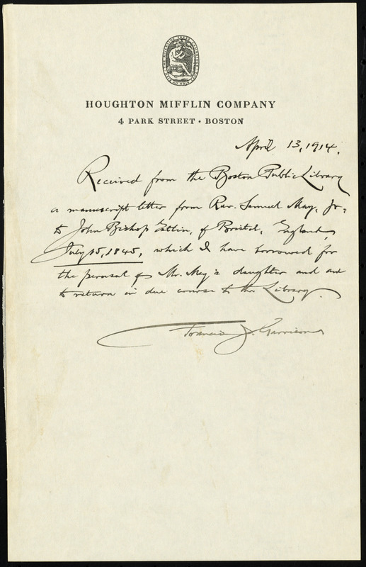 Receipt of manuscript letter received from Francis Jackson Garrison to the Boston Public Library, Boston, April 13, 1914