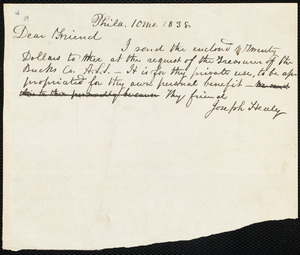 Letter from Joseph Healy, Phila[delphia], [Pa.], to William Lloyd Garrison, 10 mo[nth] 1838