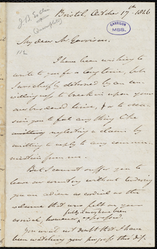 Incomplete letter from John Bishop Estlin, Bristol, [England], to ...