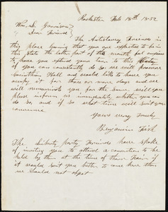 Letter from Benjamin Fish, Rochester, to William Lloyd Garrison, Feb. 18th, 1852